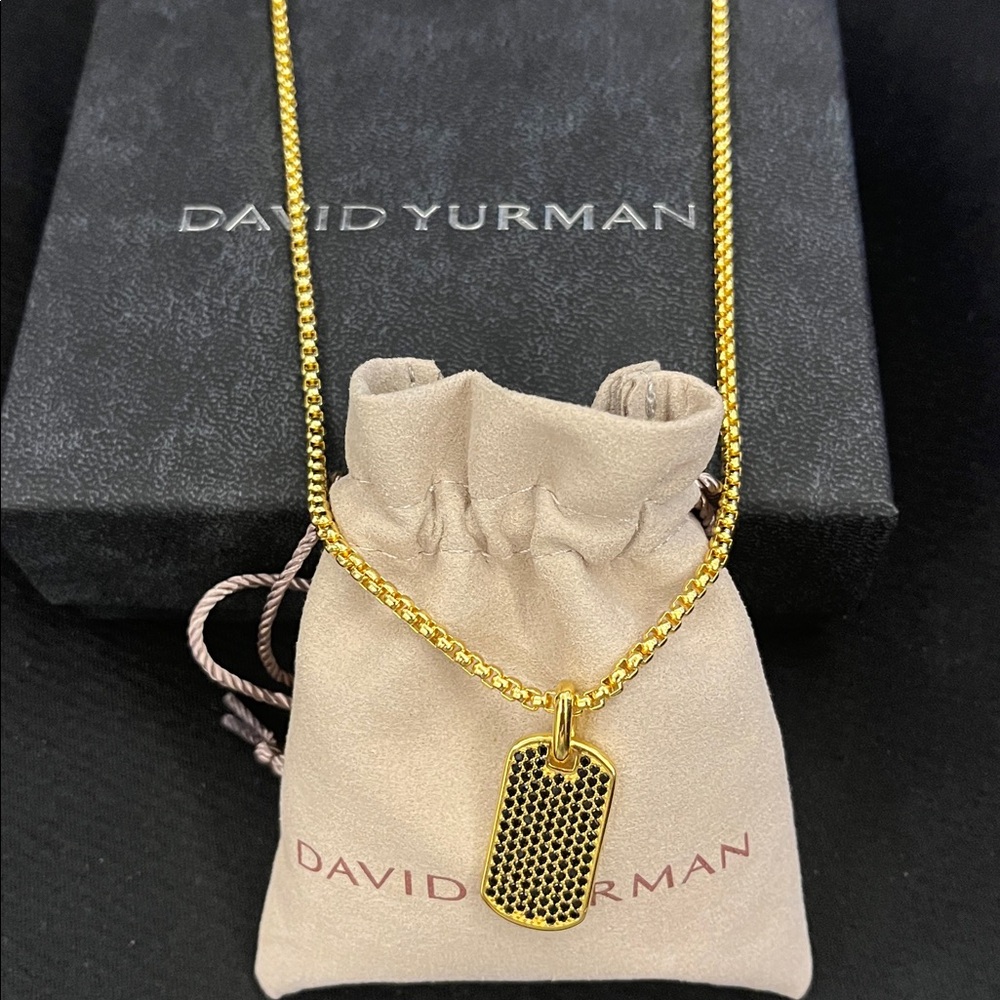David Yurman Gold Tone Paved Dog Tag Pendant Necklace